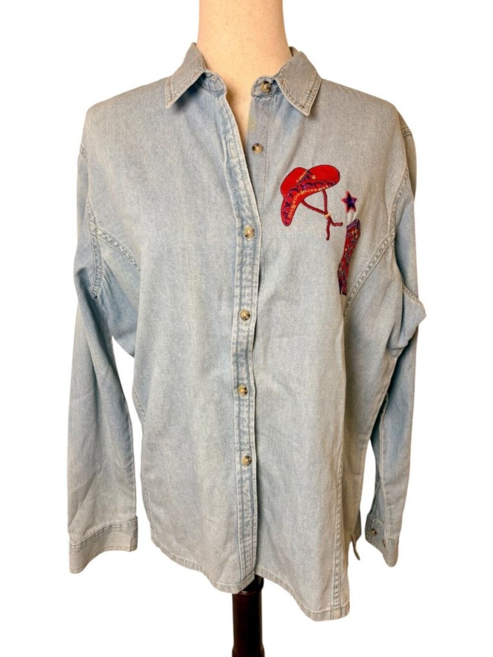 Vintage 90s Sea Palms Chambray Cowboy Hat & Boots Western Shirt Size XL